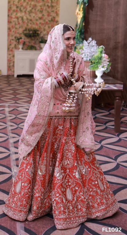FL1092 | Baby-Pink and Red |  Bridal Kurti-Lehenga | Raw-Silk | Hand Embroidery | Wedding Day | Designer Bridal Lehenga