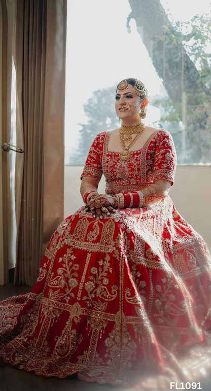 FL1091 | Red | Bridal Lehenga | Raw-Silk | Hand Embroidery | Wedding Day | Designer Bridal Lehenga FL1091 | Red | Bridal Lehenga | Raw-Silk | Hand Embroidery | Wedding Day | Designer Bridal Lehenga