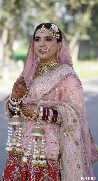 FL1092 | Baby-Pink and Red |  Bridal Kurti-Lehenga | Raw-Silk | Hand Embroidery | Wedding Day | Designer Bridal Lehenga