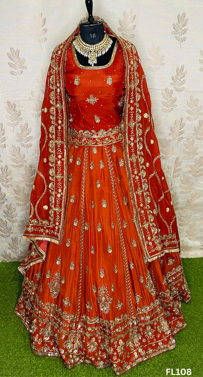 FL108 | Rust | Bridal Lehenga | Silk | Hand Embroidery |Wedding Day | Designer Bridal Lehenga