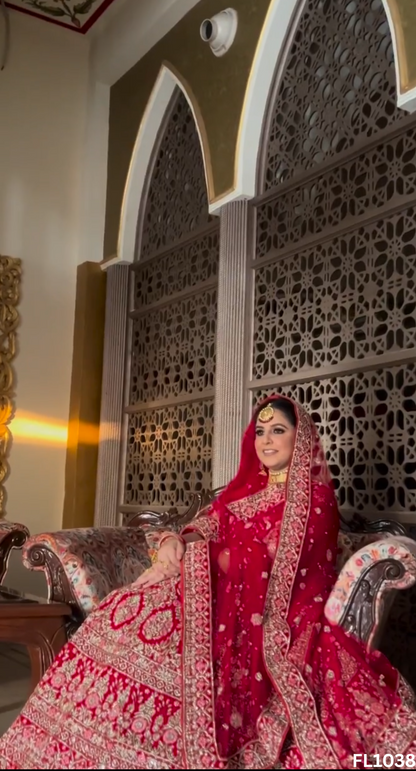 1038 | Bridal Lehenga | Velvet| Hand Embroidery | Wedding Day | Designer Bridal Lehenga