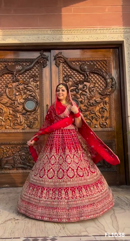 1038 | Bridal Lehenga | Velvet| Hand Embroidery | Wedding Day | Designer Bridal Lehenga