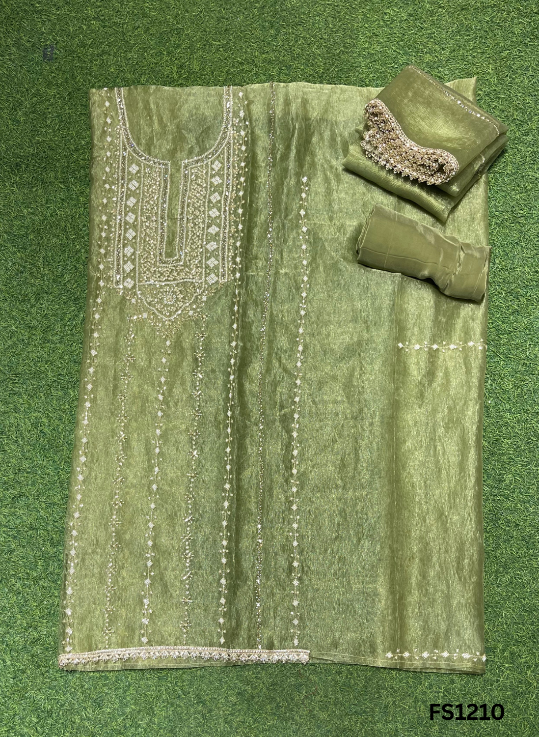 FS1210 | Mehandi | Glass Shimmer Suit | Party Wear | Wedding | Jaggo | Ring Ceremony | Festival