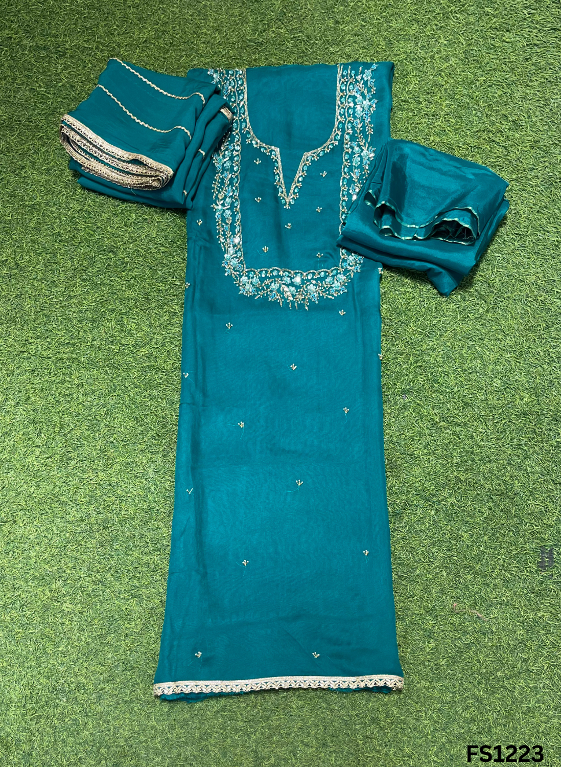 FS1223 | Firozi-Green | Burberry Suit | Party Wear | Wedding | Jaggo | Ring Ceremony | Festival |