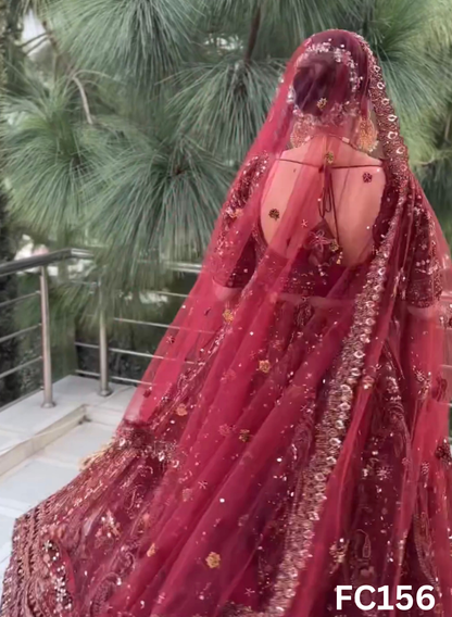 FC156  |  Made To Order (20-25 Days  ) |  Net Lehenga |  Mheroon  |  Bridal Lehenga  | Party Wear | Wedding | Festival | Celebrity | Ring Ceremony