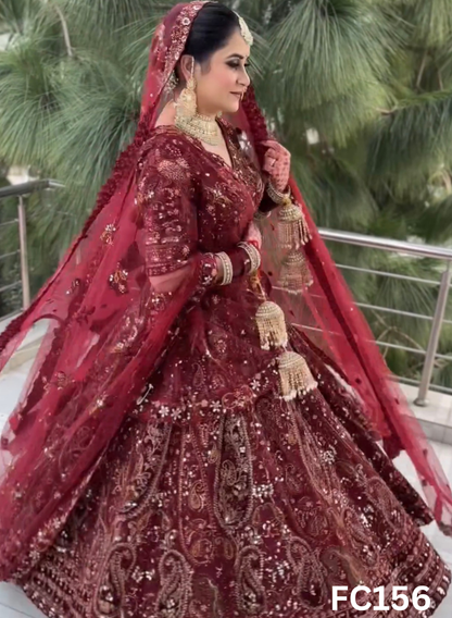 FC156  |  Made To Order (20-25 Days  ) |  Net Lehenga |  Mheroon  |  Bridal Lehenga  | Party Wear | Wedding | Festival | Celebrity | Ring Ceremony