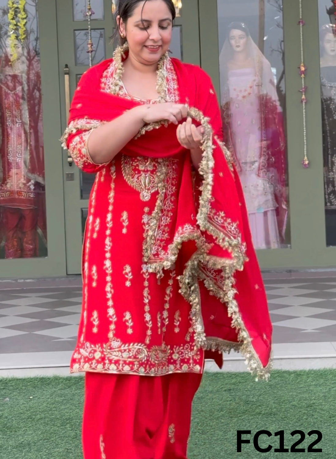 FC122  |  Made To Order (20-25 Days  ) |  Pure Crepe Suit | Red  |  Party Wear | Wedding | Festival | Celebrity | Ring Ceremony