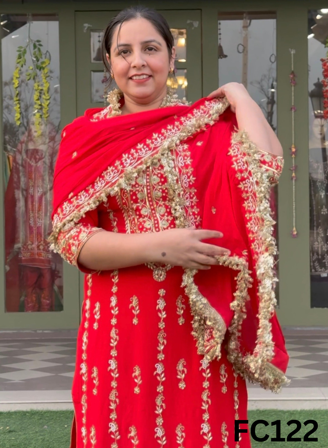 FC122  |  Made To Order (20-25 Days  ) |  Pure Crepe Suit | Red  |  Party Wear | Wedding | Festival | Celebrity | Ring Ceremony