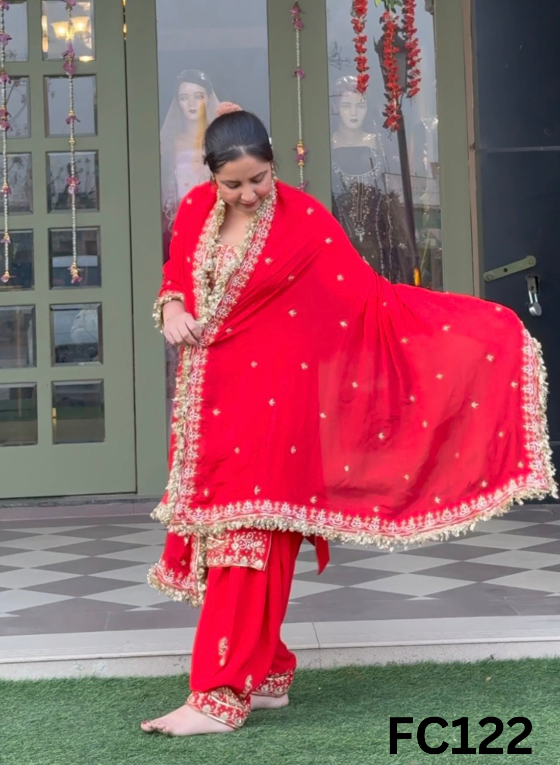 FC122  |  Made To Order (20-25 Days  ) |  Pure Crepe Suit | Red  |  Party Wear | Wedding | Festival | Celebrity | Ring Ceremony