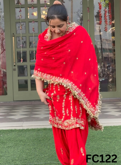 FC122  |  Made To Order (20-25 Days  ) |  Pure Crepe Suit | Red  |  Party Wear | Wedding | Festival | Celebrity | Ring Ceremony