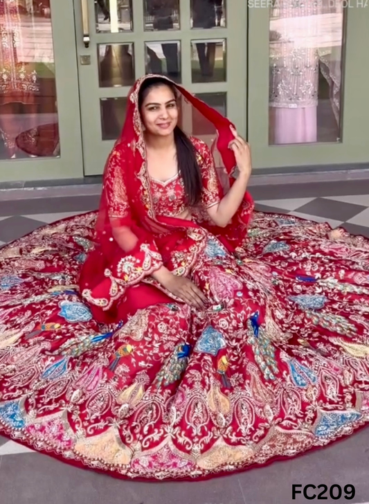 FC209  |  Made To Order (35-45 Days  ) | Raw Silk  Lehenga |  Red  |  Bridal Lehenga | Party Wear | Wedding | Festival | Celebrity | Ring Ceremony