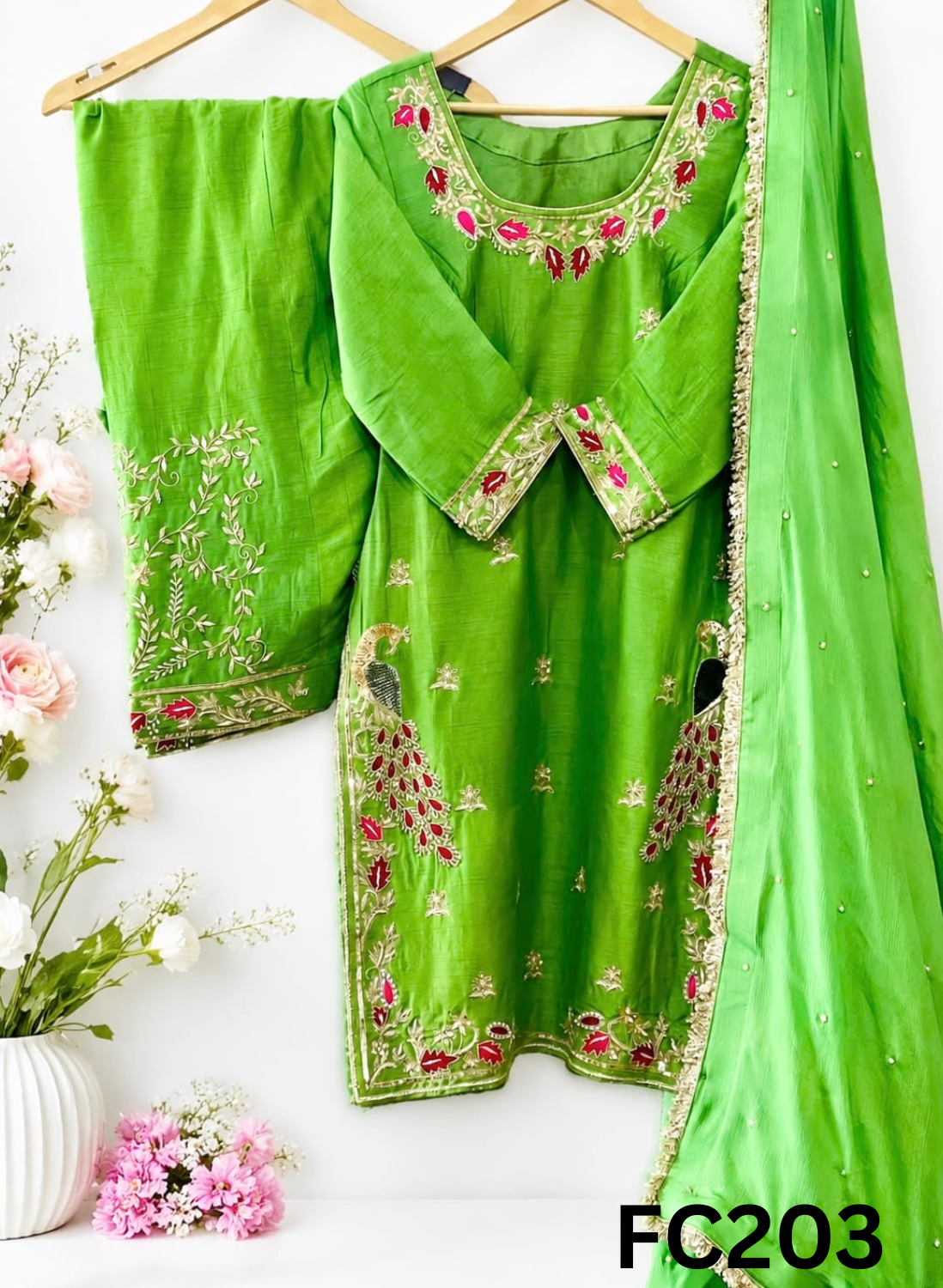 FC203 | Category - Crafted On Order | Raw Silk Suit |  Parrot Green | Party Wear | Wedding | Festival | Celebrity | Ring Ceremony