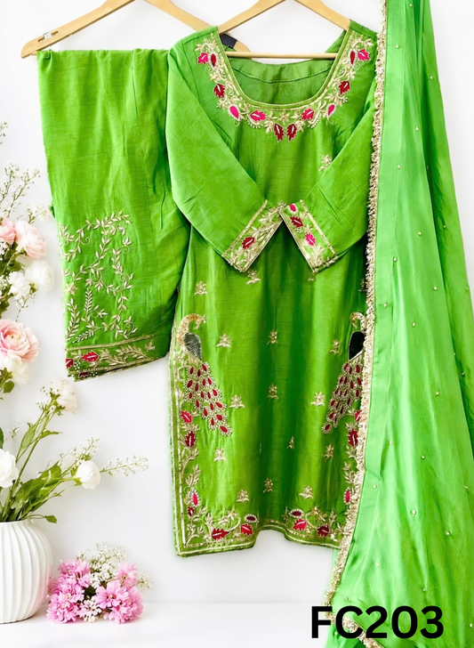 FC203 | Category - Crafted On Order | Raw Silk Suit |  Parrot Green | Party Wear | Wedding | Festival | Celebrity | Ring Ceremony