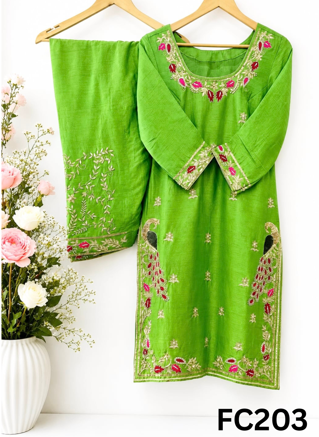 FC203 | Category - Crafted On Order | Raw Silk Suit |  Parrot Green | Party Wear | Wedding | Festival | Celebrity | Ring Ceremony