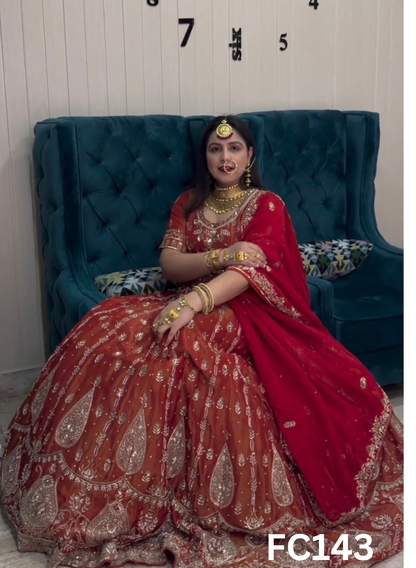 FC143 |  Made To Order (20-25 Days  ) |  Shimmer  Lehenga  | Rust | Bridal Lehenga |  Party Wear | Wedding | Festival | Celebrity | Ring Ceremony