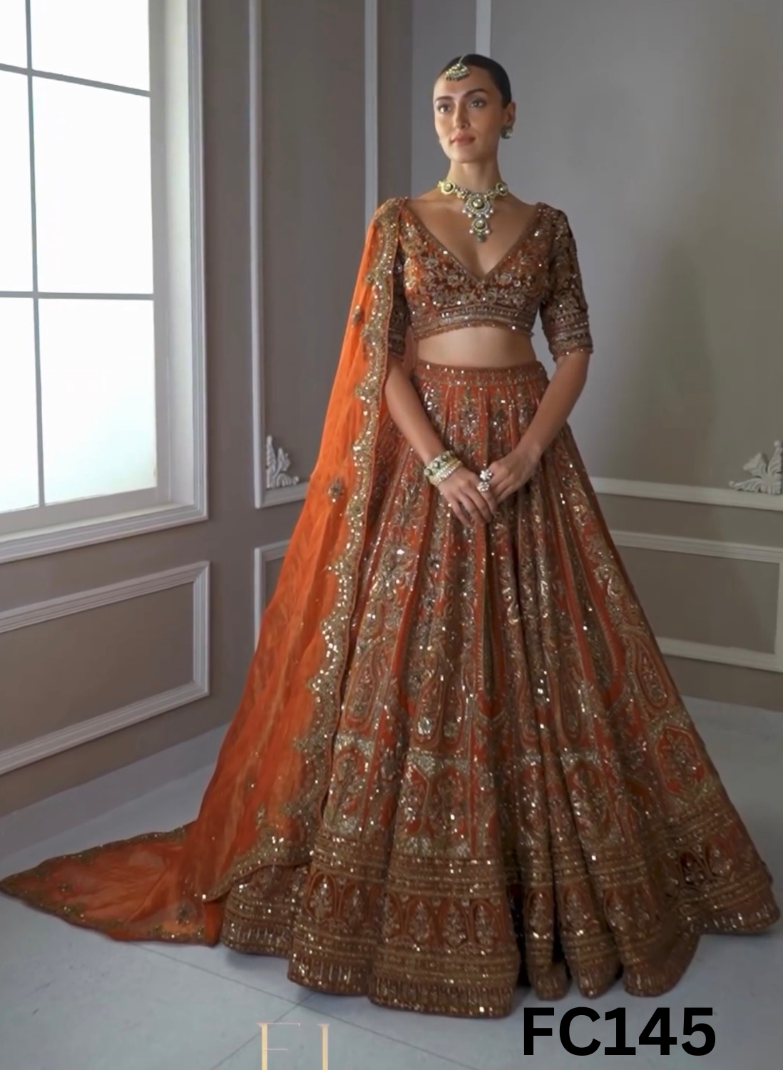 FC145 |  Made To Order (20-25 Days  ) |  Shimmer  Lehenga  | Rust | Bridal Lehenga |  Party Wear | Wedding | Festival | Celebrity | Ring Ceremony