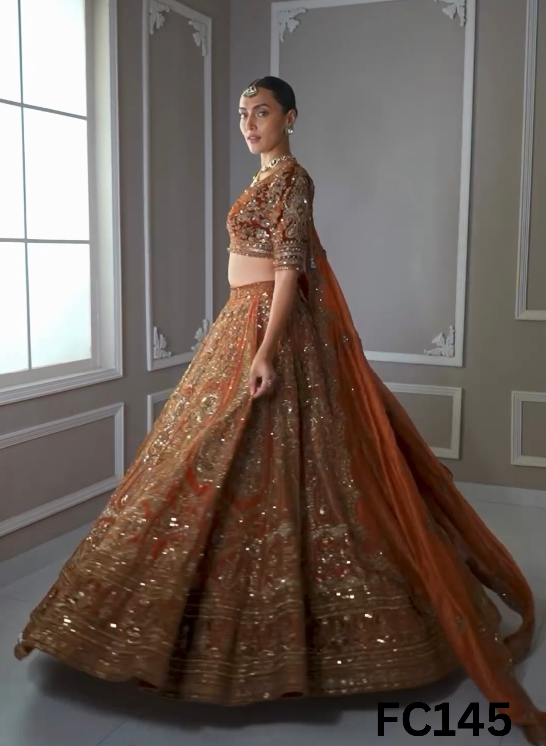 FC145 |  Made To Order (20-25 Days  ) |  Shimmer  Lehenga  | Rust | Bridal Lehenga |  Party Wear | Wedding | Festival | Celebrity | Ring Ceremony