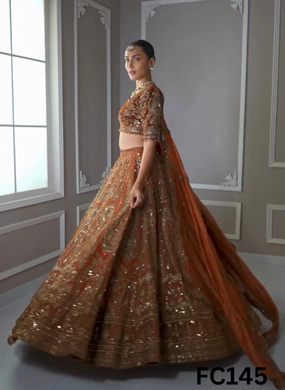 FC145 |  Made To Order (20-25 Days  ) |  Shimmer  Lehenga  | Rust | Bridal Lehenga |  Party Wear | Wedding | Festival | Celebrity | Ring Ceremony