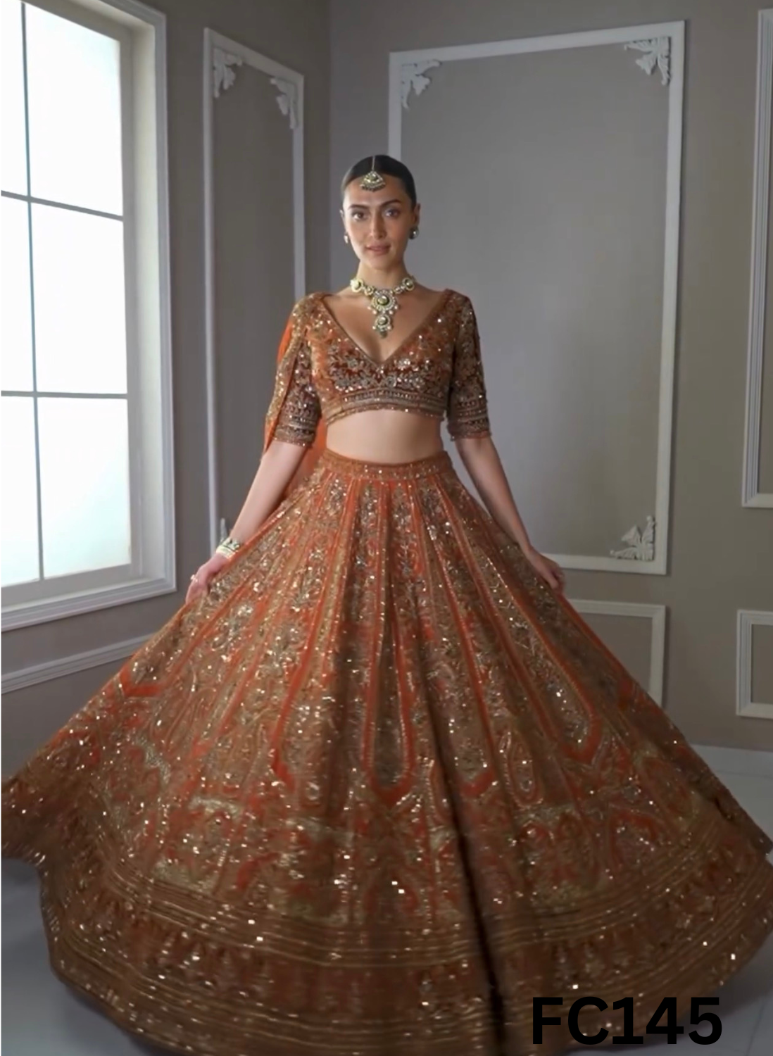 FC145 |  Made To Order (20-25 Days  ) |  Shimmer  Lehenga  | Rust | Bridal Lehenga |  Party Wear | Wedding | Festival | Celebrity | Ring Ceremony