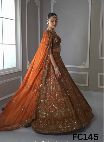 FC145 |  Made To Order (20-25 Days  ) |  Shimmer  Lehenga  | Rust | Bridal Lehenga |  Party Wear | Wedding | Festival | Celebrity | Ring Ceremony