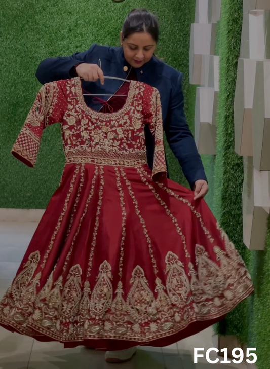 FC195  |  Made To Order (35-45 Days  ) |  Silk Anarkali Suit |  Red  |  Bridal Suit |  Party Wear | Wedding | Festival | Celebrity | Ring Ceremony