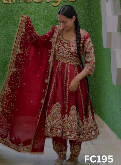FC195  |  Made To Order (35-45 Days  ) |  Silk Anarkali Suit |  Red  |  Bridal Suit |  Party Wear | Wedding | Festival | Celebrity | Ring Ceremony