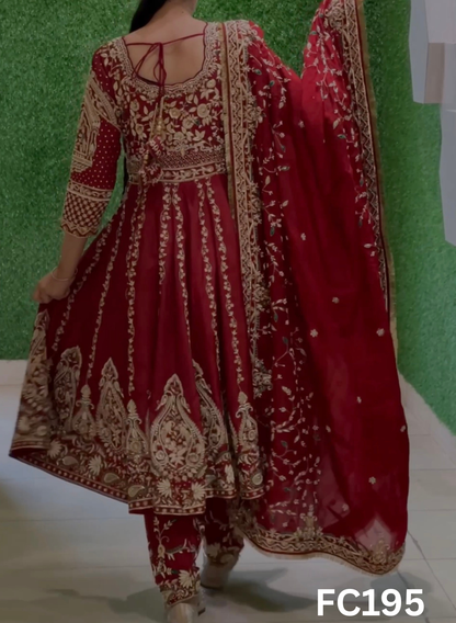 FC195  |  Made To Order (35-45 Days  ) |  Silk Anarkali Suit |  Red  |  Bridal Suit |  Party Wear | Wedding | Festival | Celebrity | Ring Ceremony