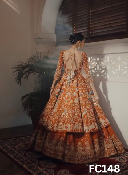 FC148 |  Made To Order (20-25 Days  ) | Silk  Lehenga |  Rust  |  Bridal Lehenga  | Party Wear | Wedding | Festival | Celebrity | Ring Ceremony