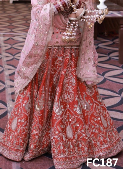 FC187  |  Made To Order (35-45 Days  ) |  Silk Lehenga |  Baby Pink And Red Contrast   |  Bridal Lehenga  | Party Wear | Wedding | Festival | Celebrity | Ring Ceremony