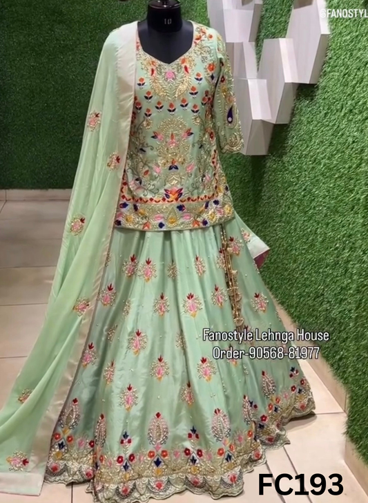 FC193  |  Made To Order (35-45 Days  ) |  Silk Lehenga | Pista  | Party Wear | Wedding | Festival | Celebrity | Ring Ceremony