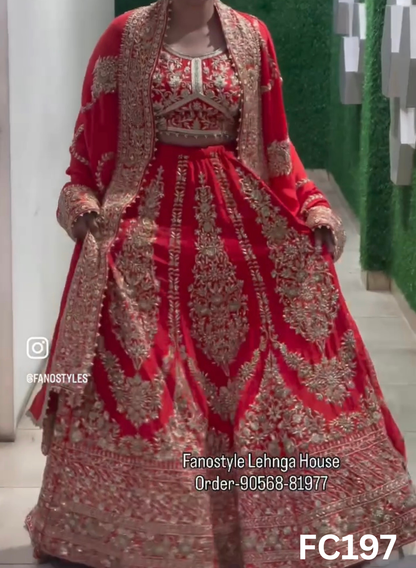 FC197 |  Made To Order (35-45 Days  ) |  Silk Lehenga |  Red  |  Bridal Lehenga  | Party Wear | Wedding | Festival | Celebrity | Ring Ceremony