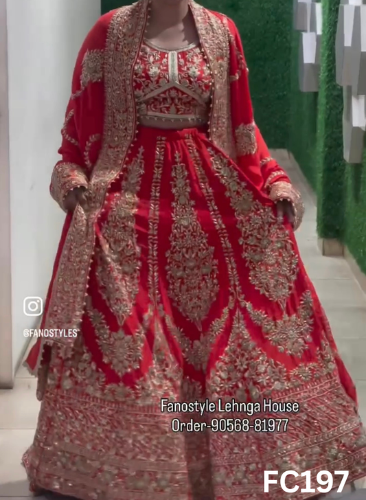 FC197 |  Made To Order (35-45 Days  ) |  Silk Lehenga |  Red  |  Bridal Lehenga  | Party Wear | Wedding | Festival | Celebrity | Ring Ceremony