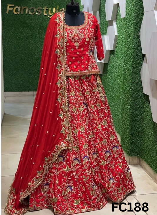 FC188  |  Made To Order (35-45 Days  ) |  Silk Lehenga |  Red  |  Bridal Lehenga  | Party Wear | Wedding | Festival | Celebrity | Ring Ceremony