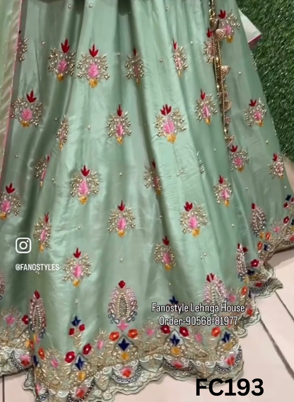FC193  |  Made To Order (35-45 Days  ) |  Silk Lehenga | Pista  | Party Wear | Wedding | Festival | Celebrity | Ring Ceremony