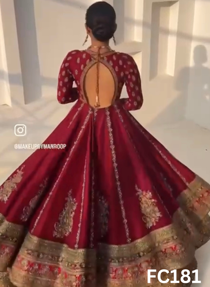 FC181  |  Made To Order (20-25 Days  ) |  Silk  Anarkali Lehenga |  Red  | Party Wear | Wedding | Festival | Celebrity | Ring Ceremony