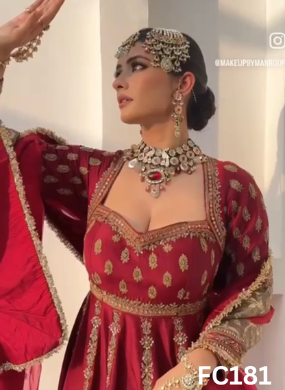 FC181  |  Made To Order (20-25 Days  ) |  Silk  Anarkali Lehenga |  Red  | Party Wear | Wedding | Festival | Celebrity | Ring Ceremony