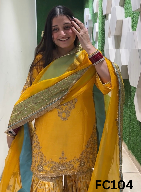 FC104 |  Made To Order (20-25 Days  ) | Raw Silk Suit  | Yellow |  Party Wear | Wedding | Festival | Celebrity | Ring Ceremony