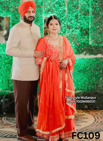 FC109 |  Made To Order (20-25 Days  ) |  Silk Suit | Orange  |  Party Wear | Wedding | Festival | Celebrity | Ring Ceremony