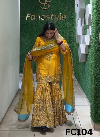 FC104 |  Made To Order (20-25 Days  ) | Raw Silk Suit  | Yellow |  Party Wear | Wedding | Festival | Celebrity | Ring Ceremony