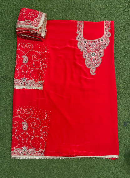 FS1701 | Red | Crepe Suit | Hand-Work | Party Wear | Wedding | Ring Ceremony | Festival | Bridal Suit