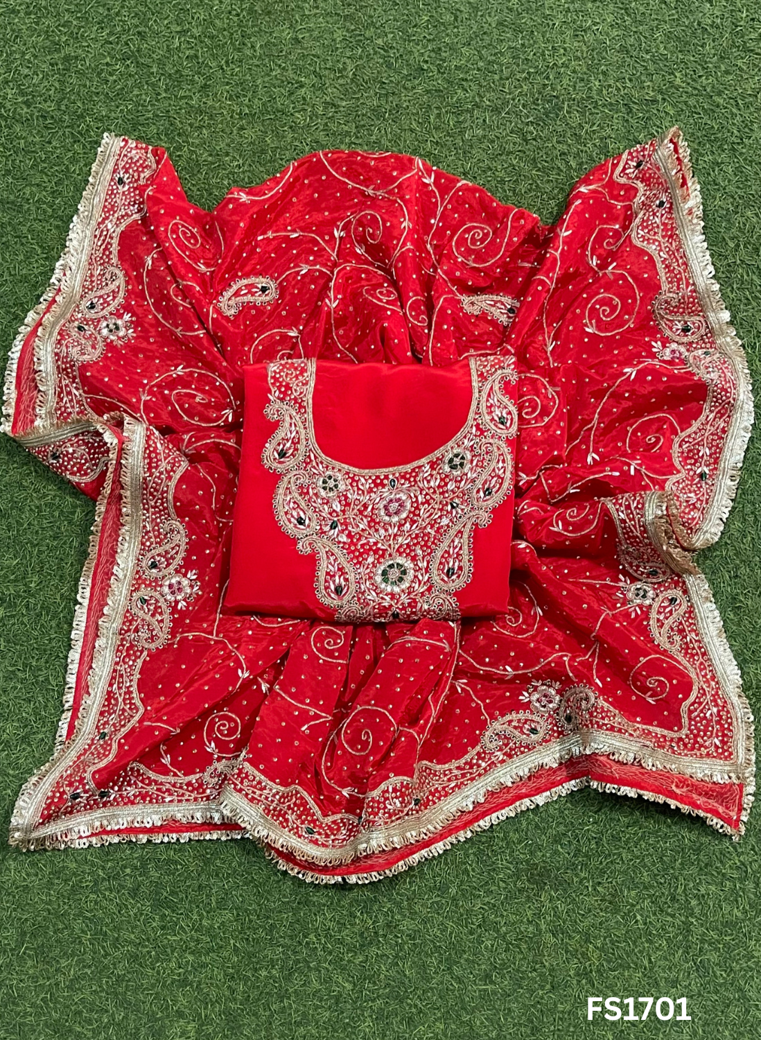 FS1701 | Red | Crepe Suit | Hand-Work | Party Wear | Wedding | Ring Ceremony | Festival | Bridal Suit