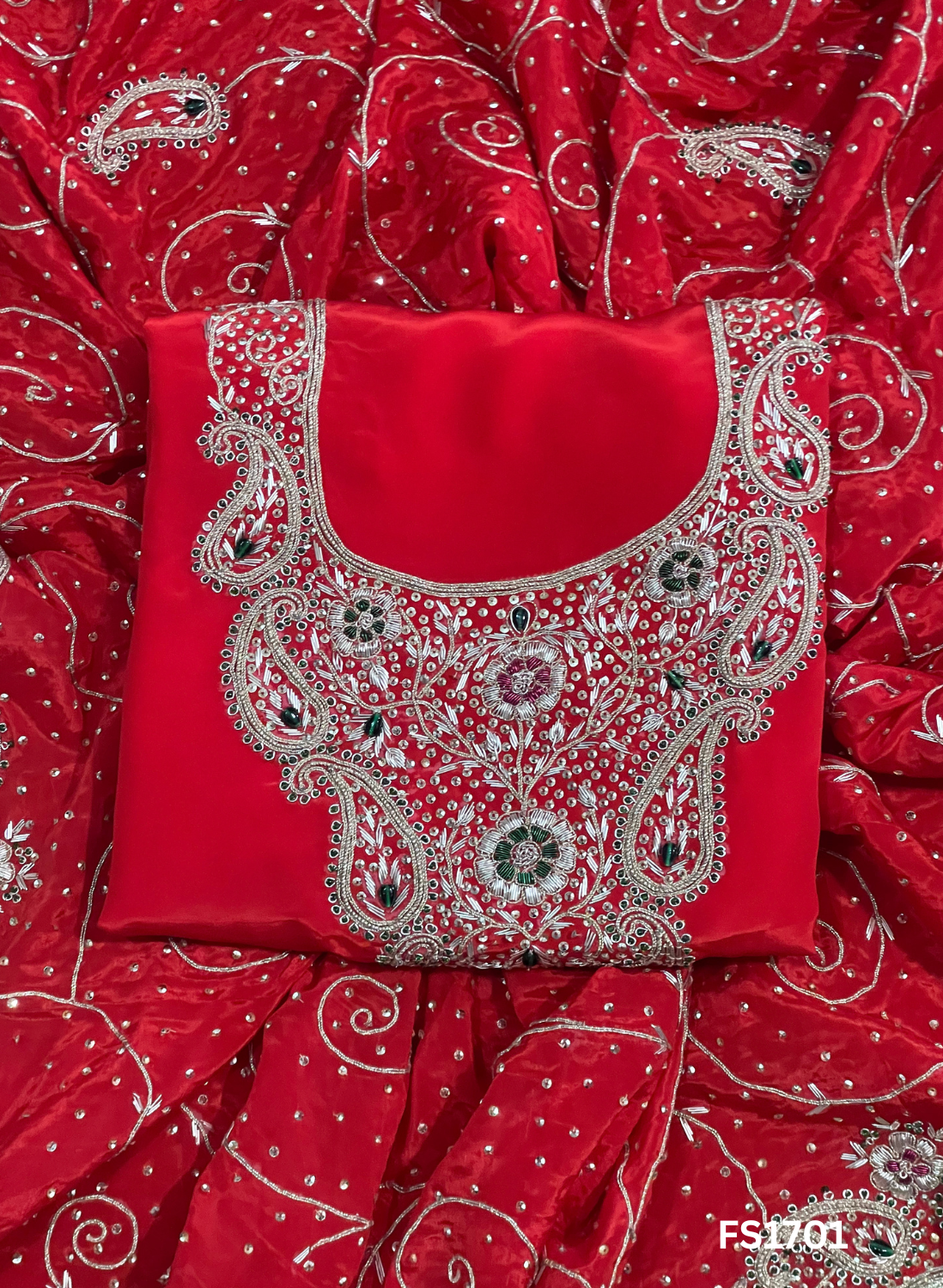 FS1701 | Red | Crepe Suit | Hand-Work | Party Wear | Wedding | Ring Ceremony | Festival | Bridal Suit