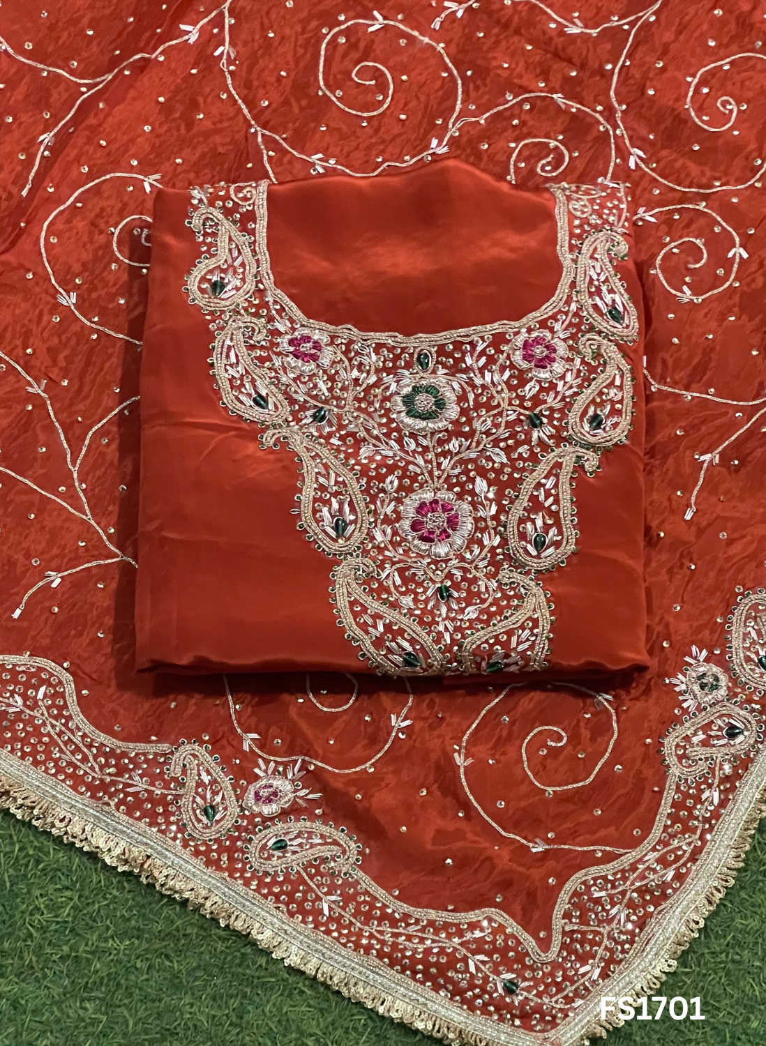 FS1701 | Red | Crepe Suit | Hand-Work | Party Wear | Wedding | Ring Ceremony | Festival | Bridal Suit