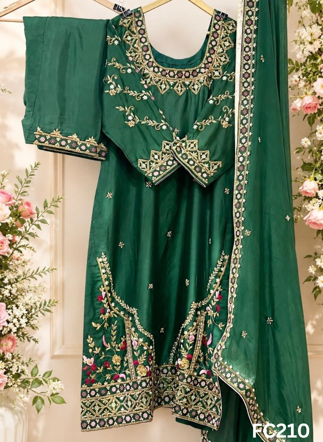 FC210 | Made To Order (20-25 Days  ) |   Silk  | Green  | Party Wear | Wedding | Festival | Celebrity | Ring Ceremony