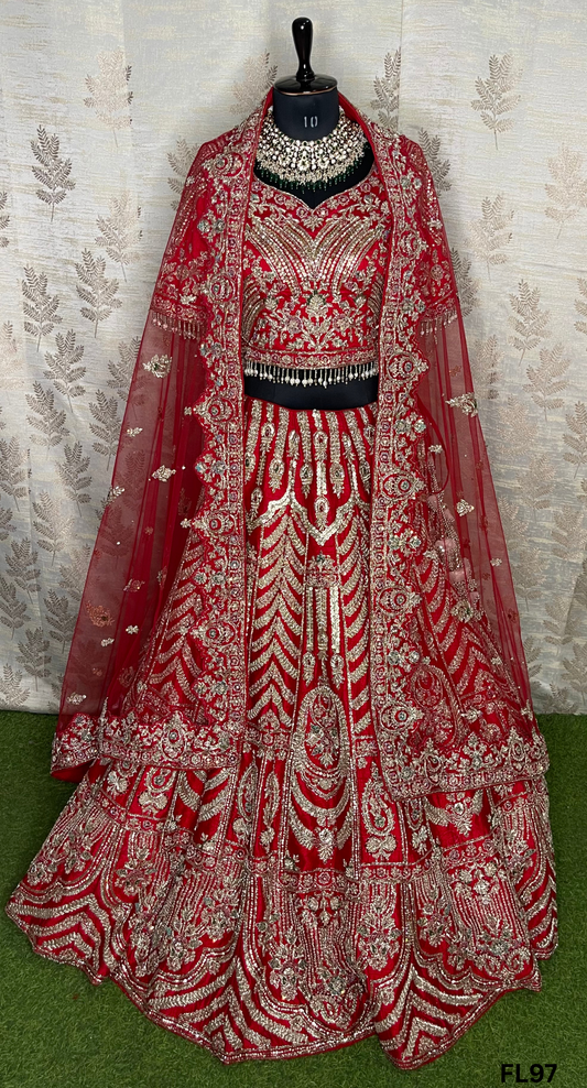FL97 | Bridal Lehenga | Raw-Silk | Hand Embroidery | Wedding Day | Designer Bridal Lehenga |