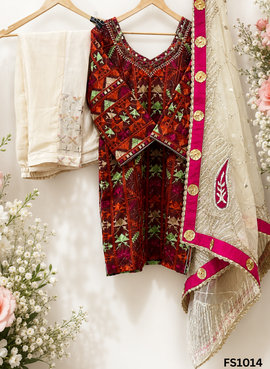FS1014| Rust Shade | Phulkari Suit | Party Wear | Wedding | Jaggo | Festival |