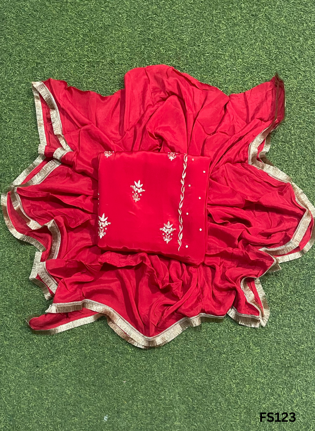 FS123 | Red | Crepe | Party Wear | Wedding | Jaggo | Ring Ceremony | Festival