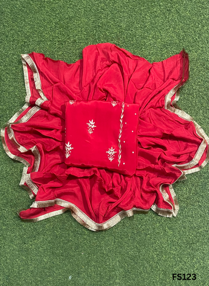 FS123 | Red | Crepe | Party Wear | Wedding | Jaggo | Ring Ceremony | Festival