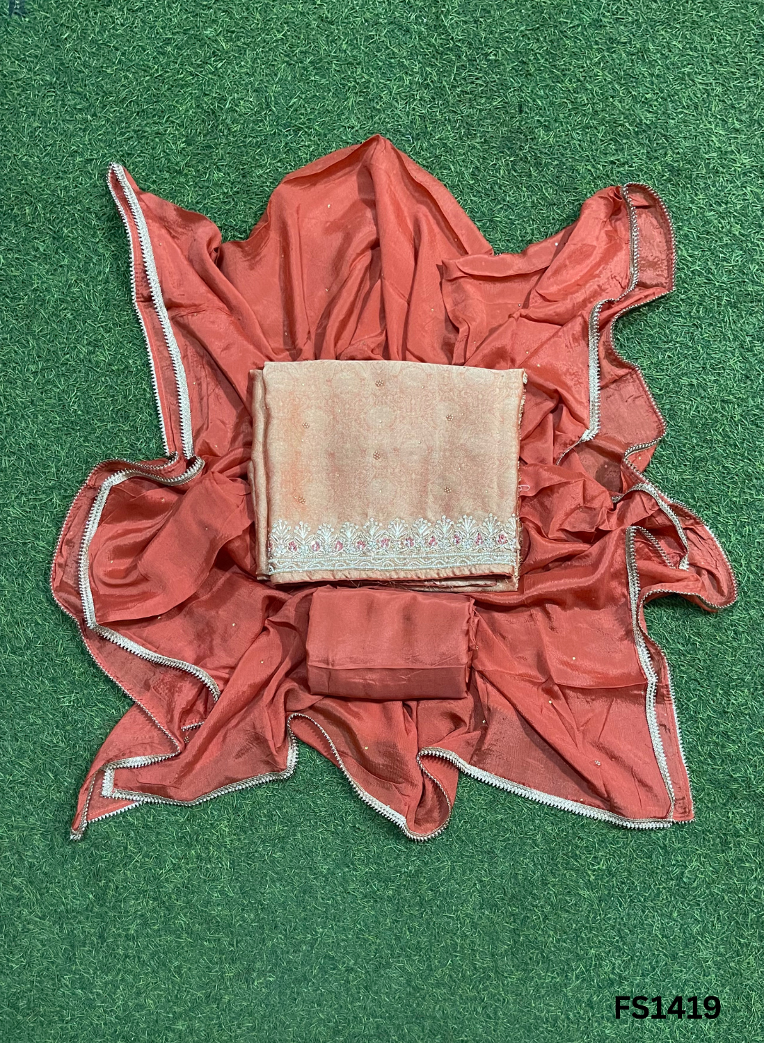 FS1419 | Rust | Banarasi Silk Suit | Party Wear | Wedding | Jaggo | Ring Ceremony | Festival