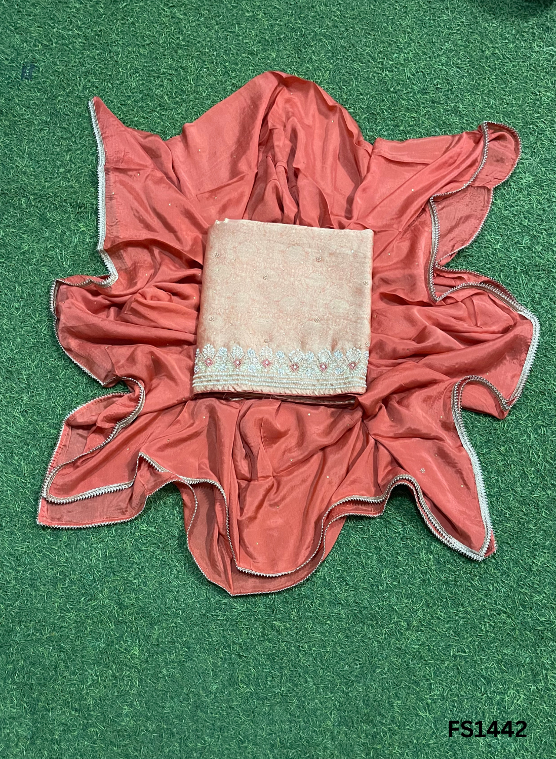 FS1442| Rust | Banarasi Silk Suit| Party Wear | Wedding | Jaggo | Ring Ceremony | Festival